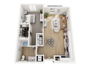 Elegant 1-bedroom apartment floor plan with a spacious living area, modern kitchen, and luxurious bathroom.