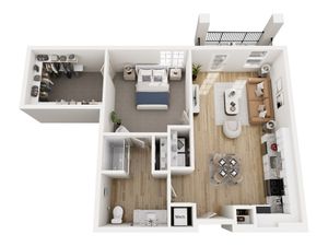 Elegant 3D floor plan showcasing a spacious one-bedroom apartment with modern kitchen, cozy living area, and large walk-in closet.