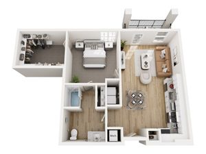 Chic 3D floor plan showcasing a modern one-bedroom apartment with spacious walk-in closet, open living area, and stylish kitchen.