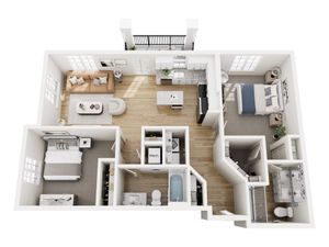 Elegant 3D floor plan featuring 2 bedrooms, a modern kitchen with island, and a cozy open living area with balcony access, perfect for contemporary living.