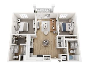 Modern 3D floor plan showcasing 2 stylish bedrooms, an elegant open-concept living and dining area, a sleek kitchen, and spacious bathrooms.