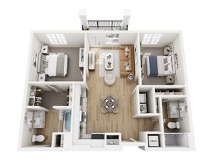 Modern open-concept 2-bedroom floor plan featuring a cozy living room, elegant kitchen, and two stylish bathrooms, ideal for comfortable living.