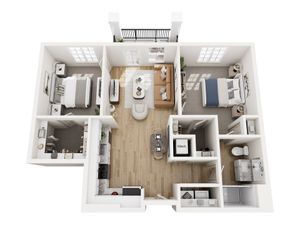 Elegant 3D floor plan showcasing two bedrooms, an open living area, stylish kitchen setup, and balcony access.