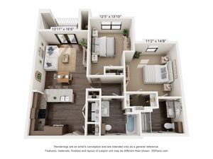 Modern 3D floor plan featuring 2 bedrooms, a spacious living room, open kitchen, and dual bathrooms with elegant fixtures.