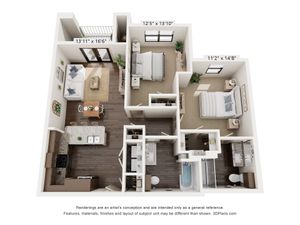 Modern 3D floor plan showcasing two cozy bedrooms, a stylish open kitchen with island, and a spacious living area with balcony access.