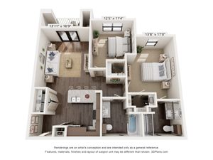 Modern apartment floor plan featuring 2 cozy bedrooms, an elegant kitchen with island seating, and a comfortable living area opening to a balcony.