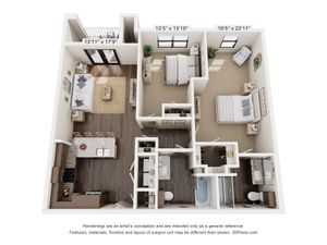 Modern 3D floor plan showcasing a spacious 2-bedroom unit with an open-plan living area and stylish kitchen, featuring generous windows for natural light.
