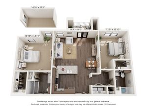 Modern 3D floor plan showcasing a stylish 2-bedroom, 2-bath apartment with spacious living area, open kitchen, and private balcony.