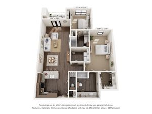 Elegant 3D floor plan showcasing 2 bedrooms, stylish living area, modern kitchen, and private balcony with fireplace feature.