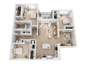 Modern 3D floor plan showcasing a luxurious 3-bedroom apartment with open kitchen, elegant living room, and private balcony.