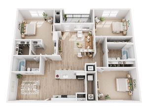 Modern floor plan showcasing 3 spacious bedrooms, 2 elegant bathrooms, open-concept living and dining area, and a sleek kitchen with island seating.
