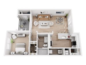 Modern open-concept floor plan showcasing 1 bedroom, elegant living room with dining area, chic kitchen with breakfast bar, and a cozy balcony.