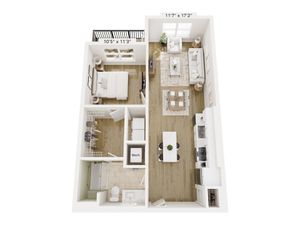 Modern apartment floor plan with one bedroom, open-concept living and dining area, sleek kitchen, and cozy balcony.