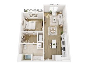Modern floor plan showcasing a spacious 1-bedroom apartment with open-concept living and dining area, sleek kitchen, elegant bathroom, and private balcony.