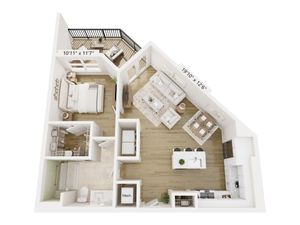 Contemporary floor plan showcasing a spacious 1-bedroom apartment with an open-concept living and dining area, modern kitchen, and cozy private balcony.