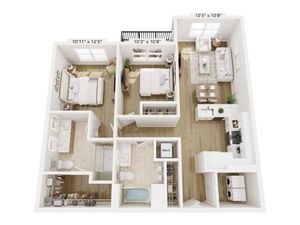 Modern 3D apartment floor plan showcasing 2 bedrooms, open living and dining area, sleek kitchen, 2 elegant bathrooms, and laundry space.