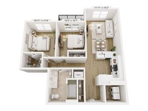 Modern 3D apartment floor plan featuring two spacious bedrooms, stylish open-concept living and dining area, and a chic kitchen. Includes a balcony and in-unit laundry room for convenience.
