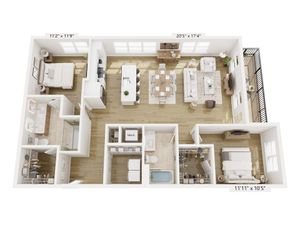 Modern 3D floor plan showcasing a spacious two-bedroom apartment with elegant living room, open kitchen, and balcony access.