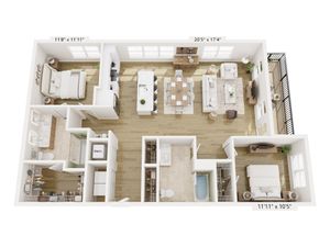 Elegant 3D floor plan showcasing a spacious layout with two bedrooms, a modern kitchen, and a cozy living room area. Features include a dining space and balcony access.