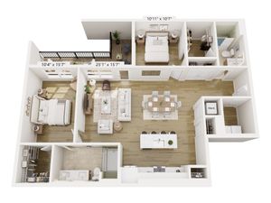 Modern 3D floor plan showcasing 2 spacious bedrooms, open-concept living and dining area, sleek kitchen, and private balcony.