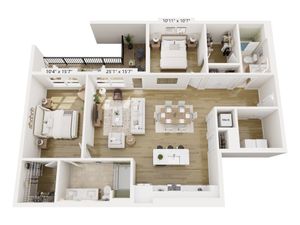 Elegant floor plan showcasing 2 spacious bedrooms, open-concept living and dining area, modern kitchen, and two stylish bathrooms with a cozy balcony space.