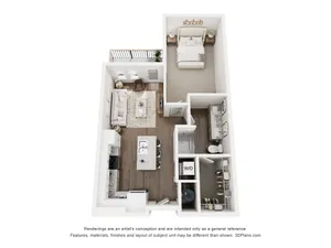 3D floor plan showcasing one-bedroom apartment with open living area and modern kitchen.