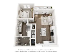 Elegant 3D floor plan featuring a cozy bedroom, stylish living room, and modern kitchen with an island.