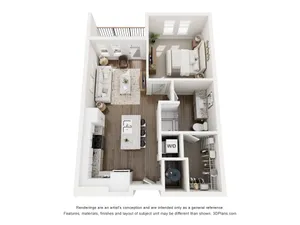 3D floor plan depicting a chic 1-bedroom apartment with an open living area and modern kitchen.