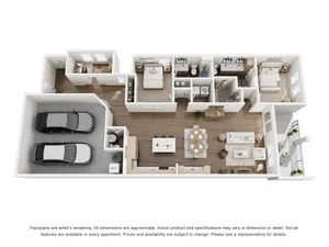 Modern 3D floor plan with 3 bedrooms, open-concept living room, and stylish kitchen, includes two-car garage and balcony.