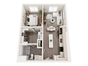Modern floor plan featuring a cozy 1-bedroom suite with open living area, sleek kitchen, and elegant bathroom.