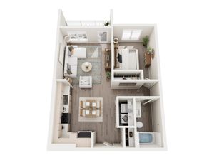 Modern 3D floor plan showcasing a cozy one-bedroom apartment with an open-concept living area, stylish kitchen, and spacious balcony.