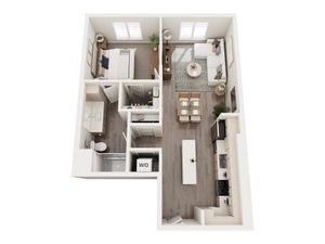 Modern 2D floor plan showcasing 1 bedroom, a sleek open-concept living area, and a chic kitchen with a spacious island.