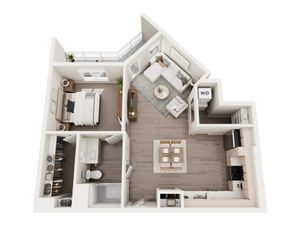 Chic 3D floor plan showcasing a modern 1-bedroom apartment with open living-dining area, sleek kitchen, and cozy balcony.