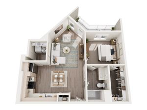 Elegant 3D floor plan featuring a cozy bedroom, modern bathroom, spacious living area, and fully equipped kitchen with dining space.