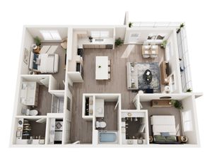 Elegant open-concept 2D floor plan showcasing 2 bedrooms, spacious living area, modern kitchen, and balcony access with ample natural light.