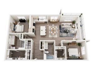 Spacious apartment floor plan showcasing two bedrooms, an elegant open-concept living room and kitchen, two modern bathrooms, and a cozy dining area, complete with natural light and sleek design.