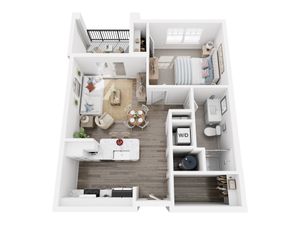 Chic apartment floor plan showcasing an elegant one-bedroom layout with an open-concept living space, modern kitchen, and a cozy balcony.