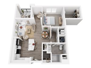 Modern 3D floor plan showcasing an open-concept one-bedroom apartment with a stylish living room, elegant kitchen island, cozy dining area, and private balcony. Includes spacious walk-in closet, washer/dryer, and luxurious bathroom.