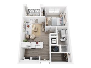 Modern 1-bedroom apartment floor plan with open-concept living area, sleek kitchen, cozy balcony, and stylish bathroom.