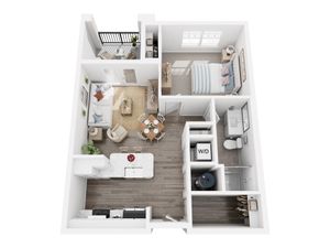 Charming 3D apartment layout showcasing a cozy bedroom, open-plan kitchen, inviting living area, and a sleek bathroom with balcony access.