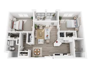 Elegant 3D apartment floor plan featuring 2 cozy bedrooms, a modern open-concept living area, stylish kitchen with island seating, and a private balcony.