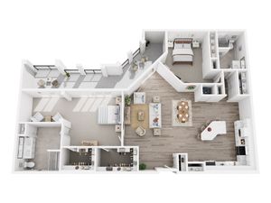 Modern 3D floor plan showcasing 2 bedrooms, spacious living area, and elegant kitchen with island. Featuring two balconies for outdoor enjoyment.