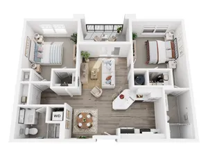 Modern 3D floor plan showcasing 2 spacious bedrooms, an open living-dining area, gourmet kitchen with island, and private balcony.
