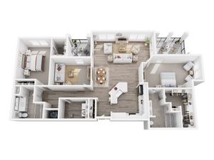 Elegant 3D floor plan showcasing 2 cozy bedrooms, a modern open-concept kitchen, spacious living and dining areas, plus a private balcony.
