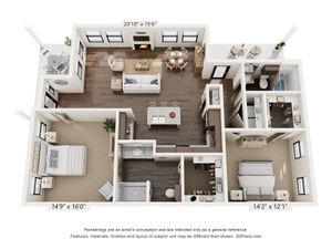 Elegant 3D floor plan showcasing a spacious three-bedroom apartment with an open-concept living area, cozy fireplace, modern kitchen, and stylish patio.