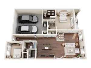 Modern 3D floor plan showcasing 2 bedrooms, 2 bathrooms, open-concept living and dining area, stylish kitchen, and a spacious garage for two cars.