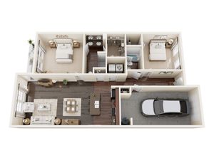 Chic 3D floor plan showcasing 2 spacious bedrooms, open-plan living and dining area, modern kitchen, and attached garage with car.