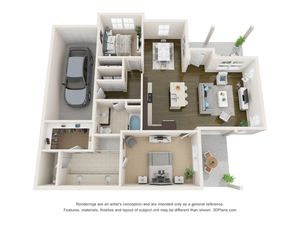 Modern 3D floor plan showcasing a spacious 2-bedroom, 2-bathroom layout with an open-concept living area, integrated kitchen, and convenient garage. Features include a welcoming patio and cozy dining space.
