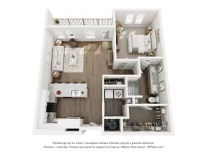 Modern 3D floor plan featuring a spacious apartment with one bedroom, open kitchen, and cozy living area.
