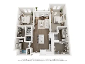 Stylish 3D floor plan featuring two bedrooms, a cozy living room, and an open kitchen layout.